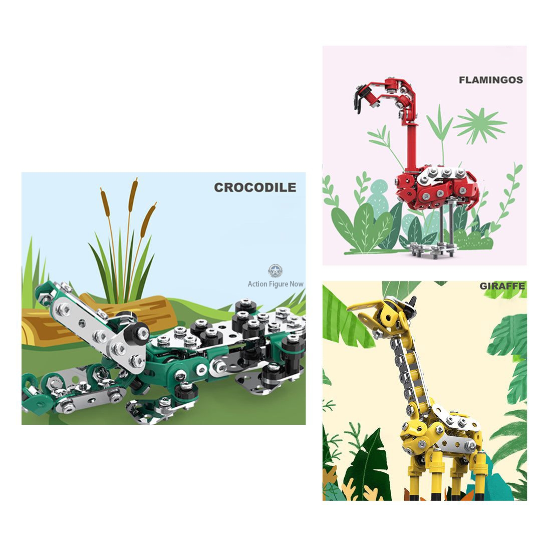 3-Piece DIY Metal Toy Animal Model Set: Flamingo, Giraffe, and Crocodile 3-Piece DIY Metal Toy Animal Model Set: Flamingo, Giraffe, and Crocodile