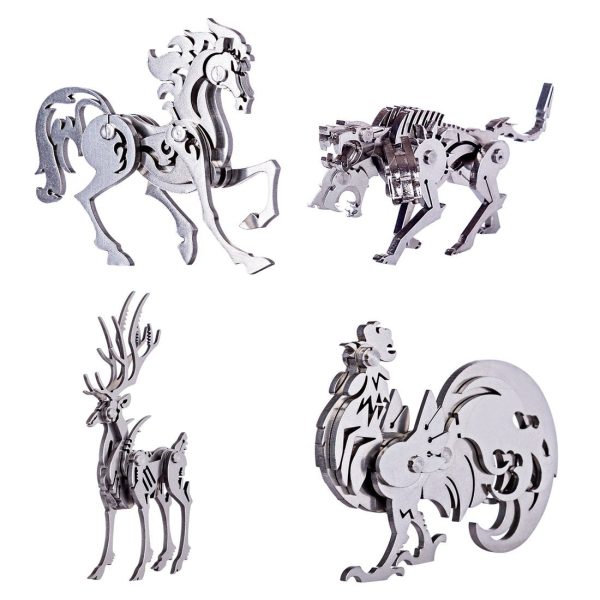 4pcs 3D Metal Puzzles - Detachable DIY Assembly Kit Featuring Rooster, Cerberus, Elk, and Horse Models