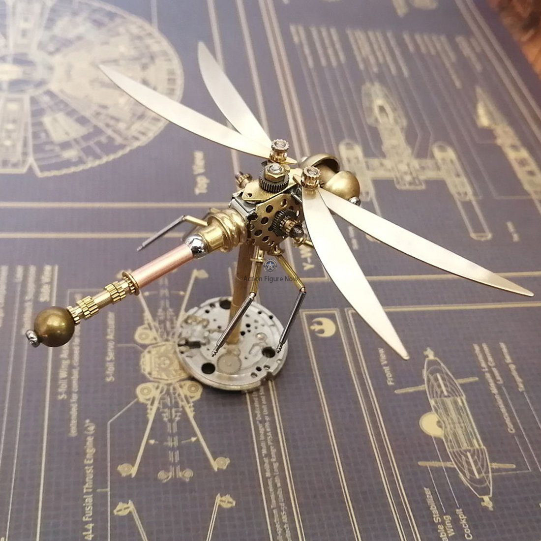 Golden 3D Metal Mechanical Steampunk Dragonfly Insects Model with Random Base Golden 3D Metal Mechanical Steampunk Dragonfly Insects Model with Random Base