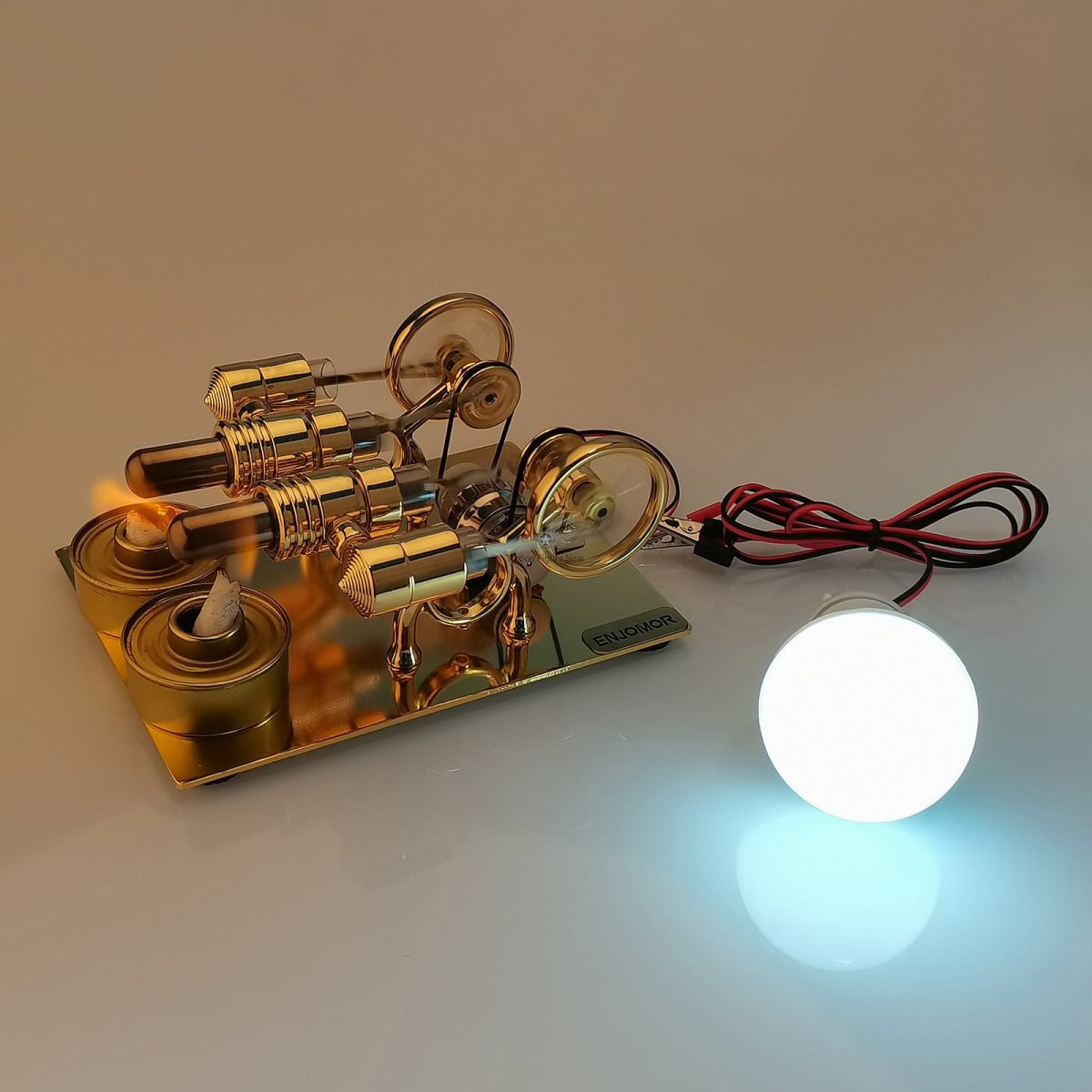 ENJOMOR Parallel 4-Cylinder Hot Air Stirling Engine Generator with Light Bulb and Voltmeter - STEM Toys
