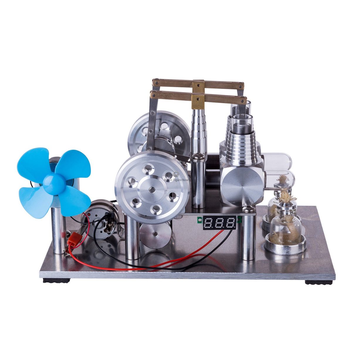 2-Cylinder Hot Air Stirling Engine Electricity Generator with LED Bulb, Voltage Meter, and Fan - DIY STEM Physics Toy