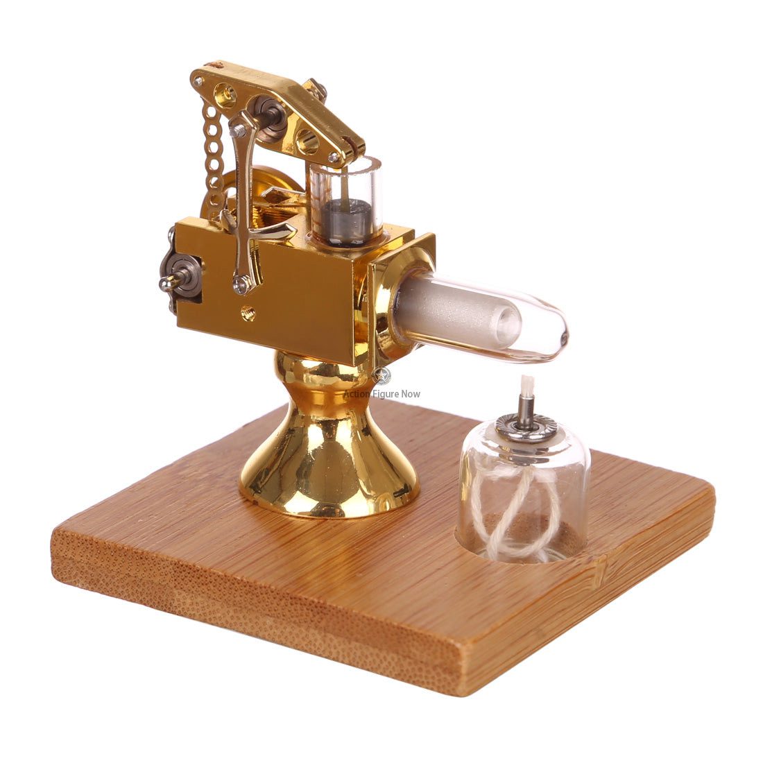 Mini Stirling Engine Model with Quartz Hot Cylinder & Solid Wood Base (Golden)