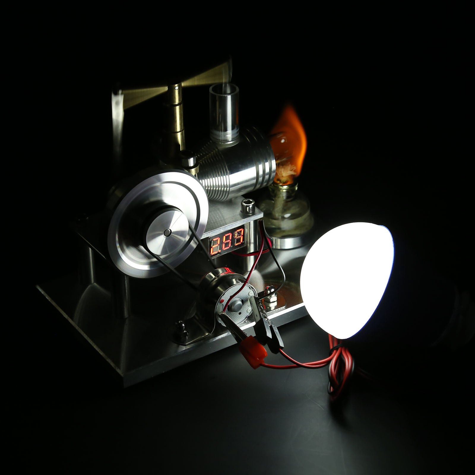 Custom Stirling Engine Generator Model with Voltage Digital Display and LED Bulb Custom Stirling Engine Generator Model with Voltage Digital Display and LED Bulb