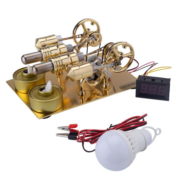 ENJOMOR Paratactic-Cylinder Stirling Engine Generator with Built-in Bulb and Voltmeter for Educational Science STEM Learning
