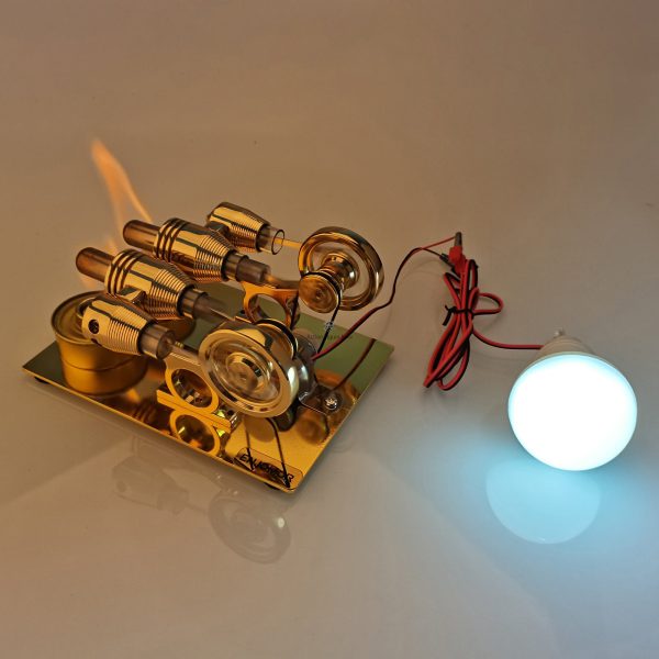 4-Cylinder Hot Air Stirling Engine Generator Model with LED Light Bulb and Voltmeter - STEM Toy