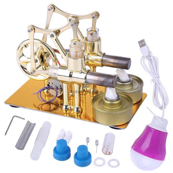 Twin-Cylinder Stirling Engine Generator with Lightbulb Twin-Cylinder Stirling Engine Generator with Lightbulb