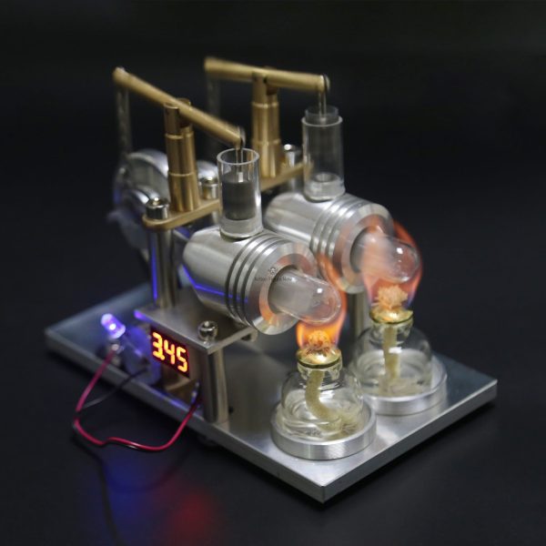2-Cylinders Hot Air Stirling Engine Generator Model with Voltage Meter and LED Bulb - STEM Educational Toy