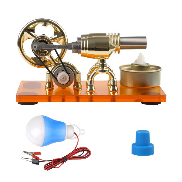 Stirling Engine: ??-Shape Hot Air External Combustion Physics Model with LED and Light Bulb