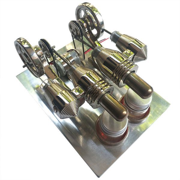 Two-Cylinder Stirling Engine Model with LED Light and Metal Generator