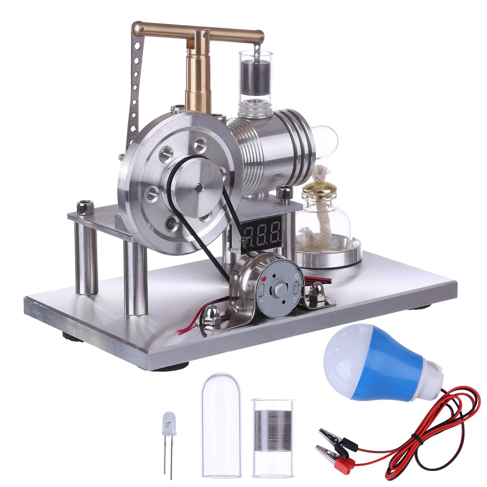 Custom Stirling Engine Generator Model with Voltage Digital Display and LED Bulb Custom Stirling Engine Generator Model with Voltage Digital Display and LED Bulb