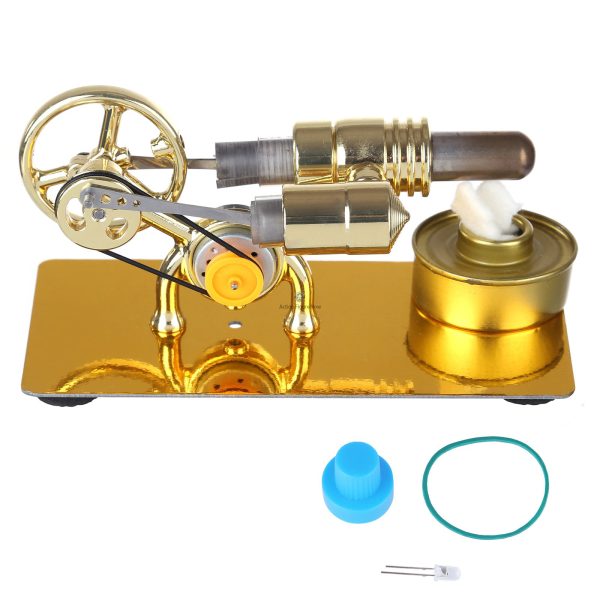 Golden-Plated Hot Air Stirling Engine - External Combustion Engine Model with LED Bulb