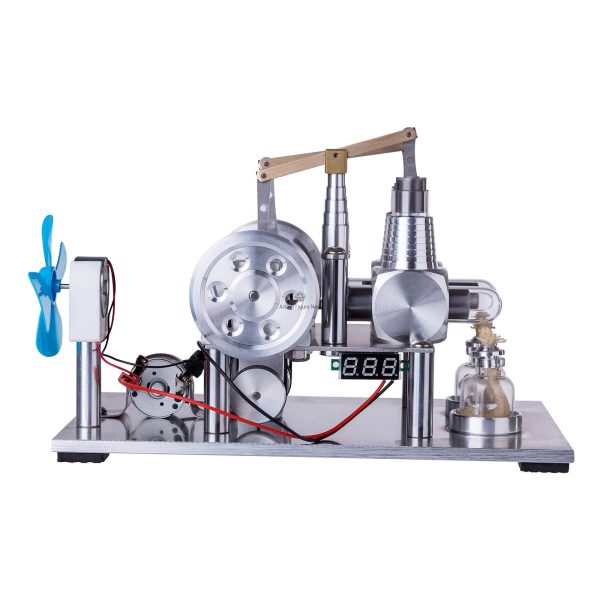 2-Cylinder Hot Air Stirling Engine Electricity Generator with LED Bulb, Voltage Meter, and Fan - DIY STEM Physics Toy