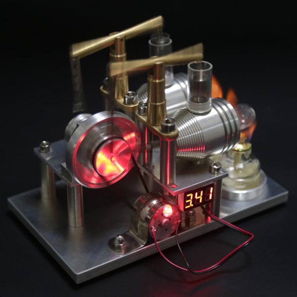 ENJOMOR Balance Type 2-Cylinder Hot Air Stirling Engine Generator Model with Voltage Meter and LED Bulb - STEM Educational Toy