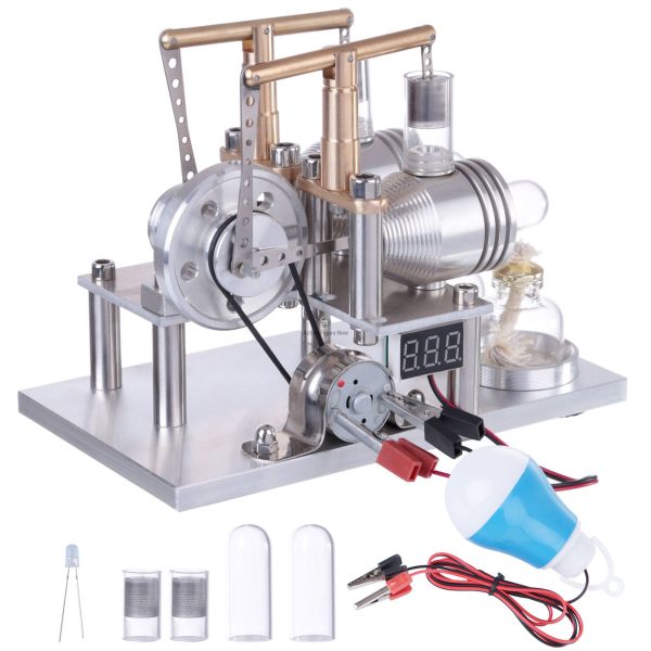 2-Cylinders Hot Air Stirling Engine Generator Model with Voltage Meter and LED Bulb - STEM Educational Toy