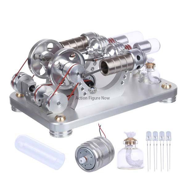 Dual Cylinder Hot Air Stirling Engine Generator Model with Colorful LED Educational Toy