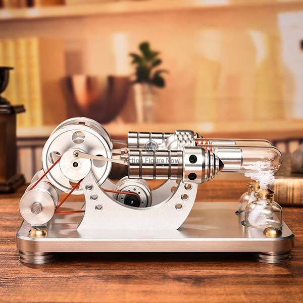 Dual Cylinder Hot Air Stirling Engine Generator Model with Colorful LED Educational Toy