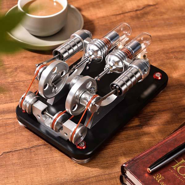 Stirling Engine Kit - Two Cylinder External Combustion Engine Model with Electricity Generator