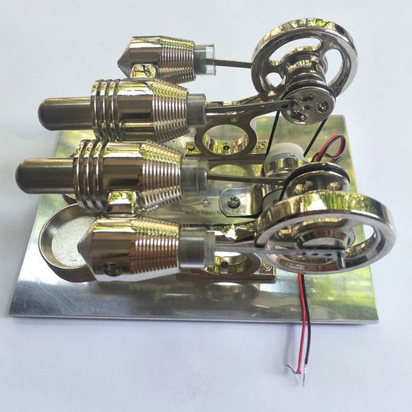Two-Cylinder Stirling Engine Model with LED Light and Metal Generator