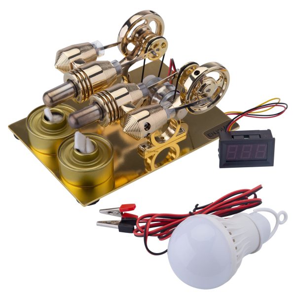 ENJOMOR Stirling Engine Generator - 4 Cylinder External Combustion Engine Model with Light Bulb and Voltmeter