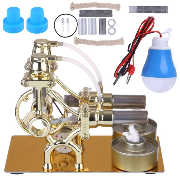 L-Type 2-Cylinder Stirling Engine Model with LED Light and Educational Demonstration Bulb