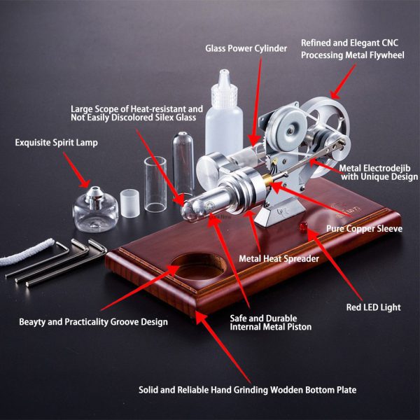 Stirling Engine Kit Generator with Integrated LED Illumination